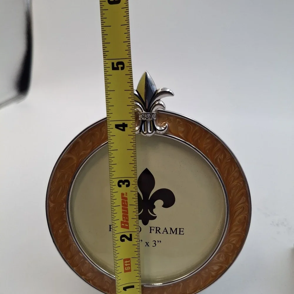 Vintage Fleur De Lis Photo Frame Set Honey Enamel Silver Tone‎ Round Square Mini